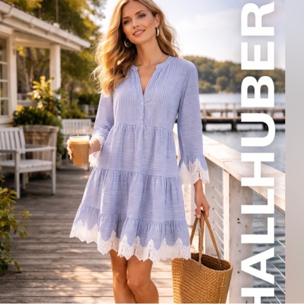 Hallhuber,Lace-Trimmed,Softened Blue & White Striped Dress,ButtonV-Neck,Size 12